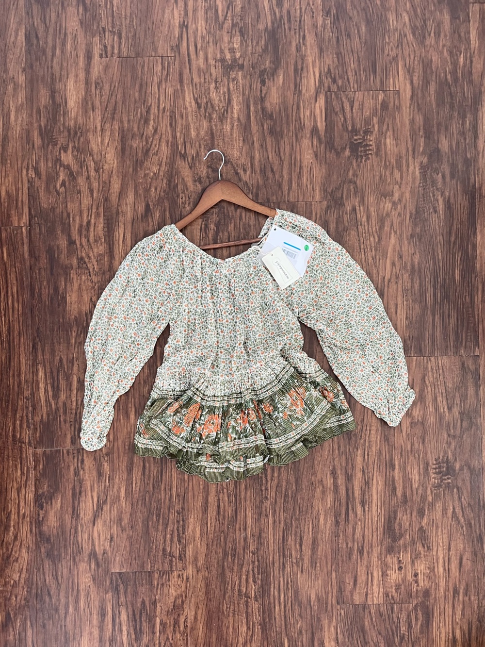 Boho Floral Tiered Round-Neck Blouse in Cream Green Orange with Gold Accents